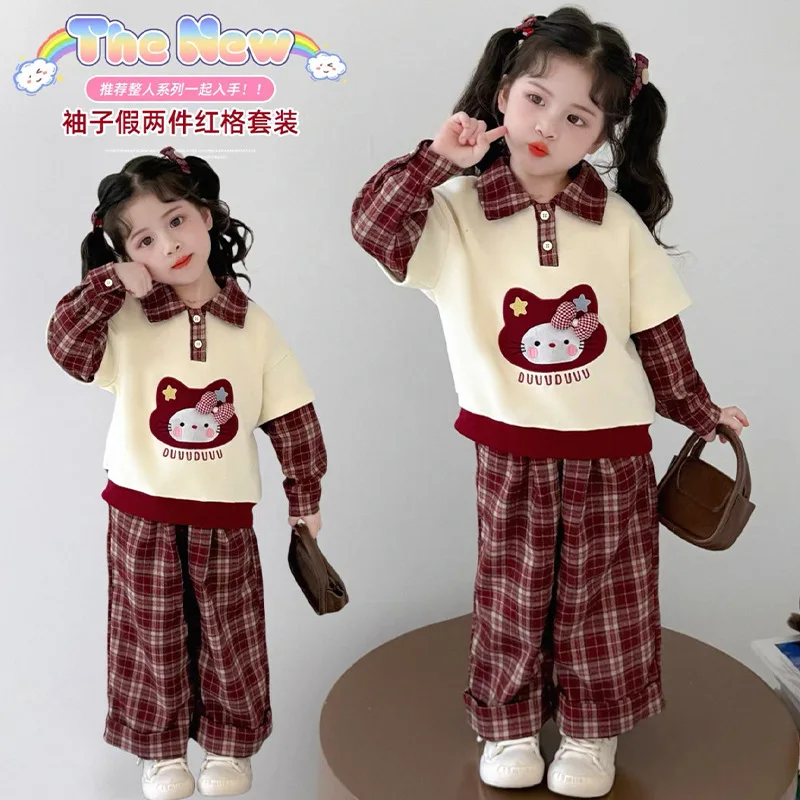 

Sanrio Hello Kitty Kids Spring Autumn Suit Girls Cartoon Long-Sleeved Casual Pants 2Pc Set Students Children's Clothing Cute