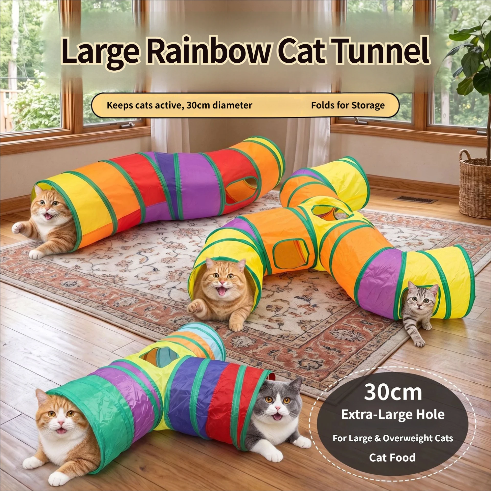 Collapsible Rainbow Cat Play Tunnel 30cm Large Diameter Interactive Toy for Fat Large Cats Kitten Indoor Entertainment