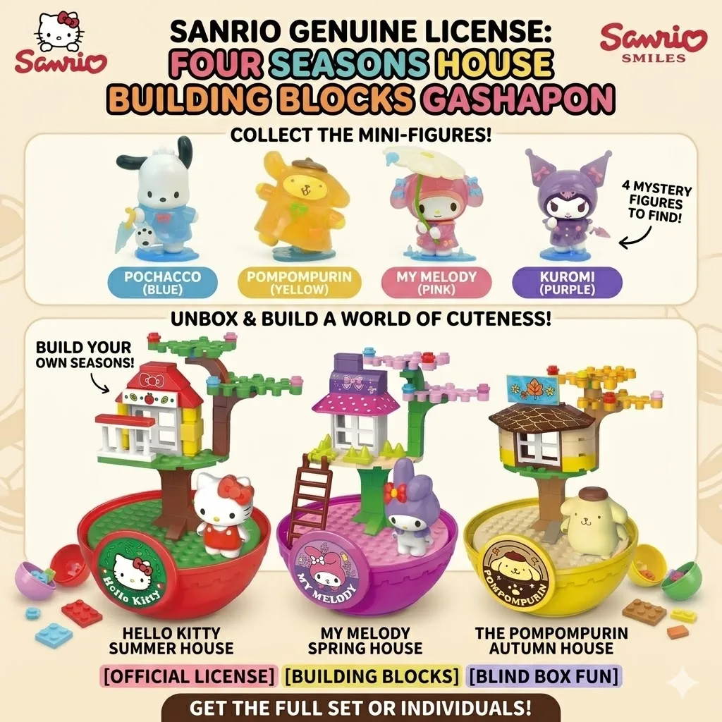 

Sanrio Hello Kitty Four Seasons House Building Blocks Capsule Toy Kawaii My Melody Pompompurin DIY Bricks Blind Box Figure Gift