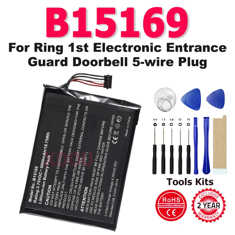 

5000mAh B15169 Battery For Ring 1st Electronic Entrance Guard Doorbell 5-wire Plug For Ring Stick Up Cam + tools