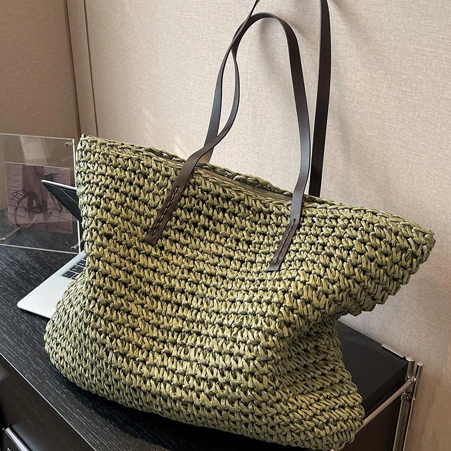 Design de luxo Palha Tote Bolsas Verão Casual Grande Capacidade Bolsas Nova Moda Praia Mulheres Ombro Estilo Simples Compras