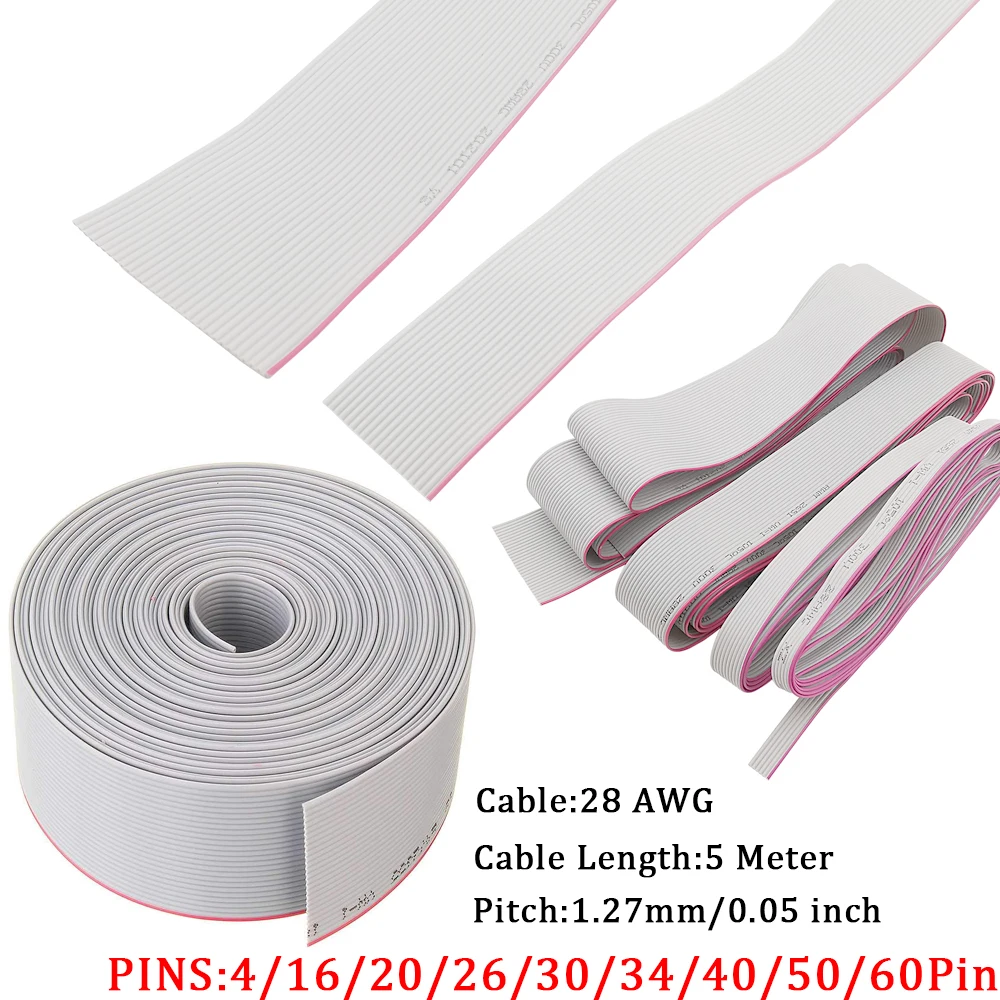 5M 1.27mm PITCH Grey Flat Ribbon Cable CONNECTOR 14/16/20/26/30/34/40/50/60 Pin 28AWG Flexible Wire for IDC FC 2.54MM Connectors