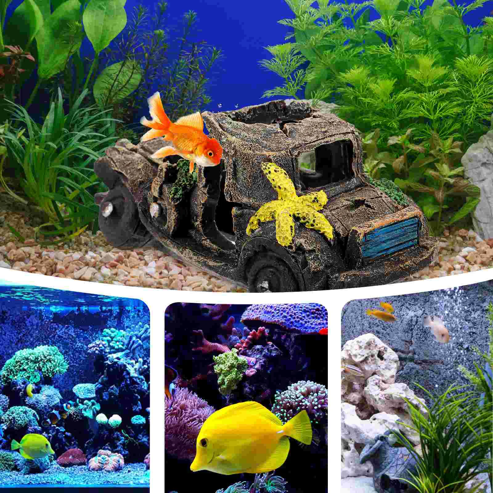 Fake Plant Car Fish Tank Hidden Cave Animal Aquarium Air Pump Accessories Decoration