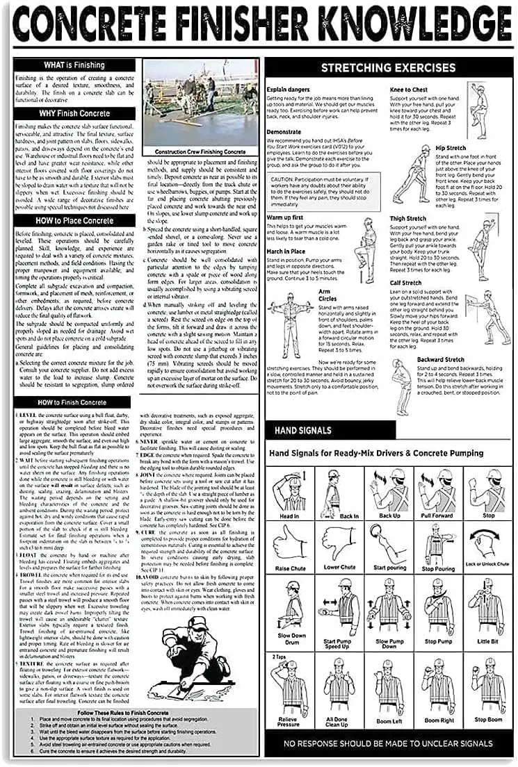 ESETASOT Construction Worker Science Guide Metal Signs Concrete Finisher Knowledge Posters Wall Decor Retro Plaque Room Decor Cl