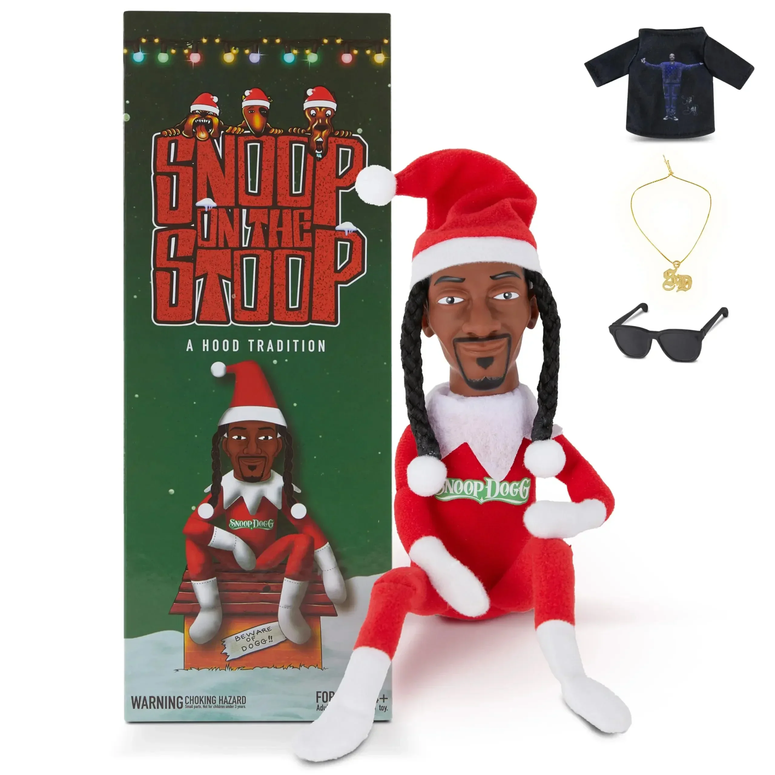 Novo snoop dogg snoop em uma tempestade natal elfo boneca 12 ”brinquedos de pelúcia prateleira decoração inclui elf brinquedo tshirt óculos de sol e colar