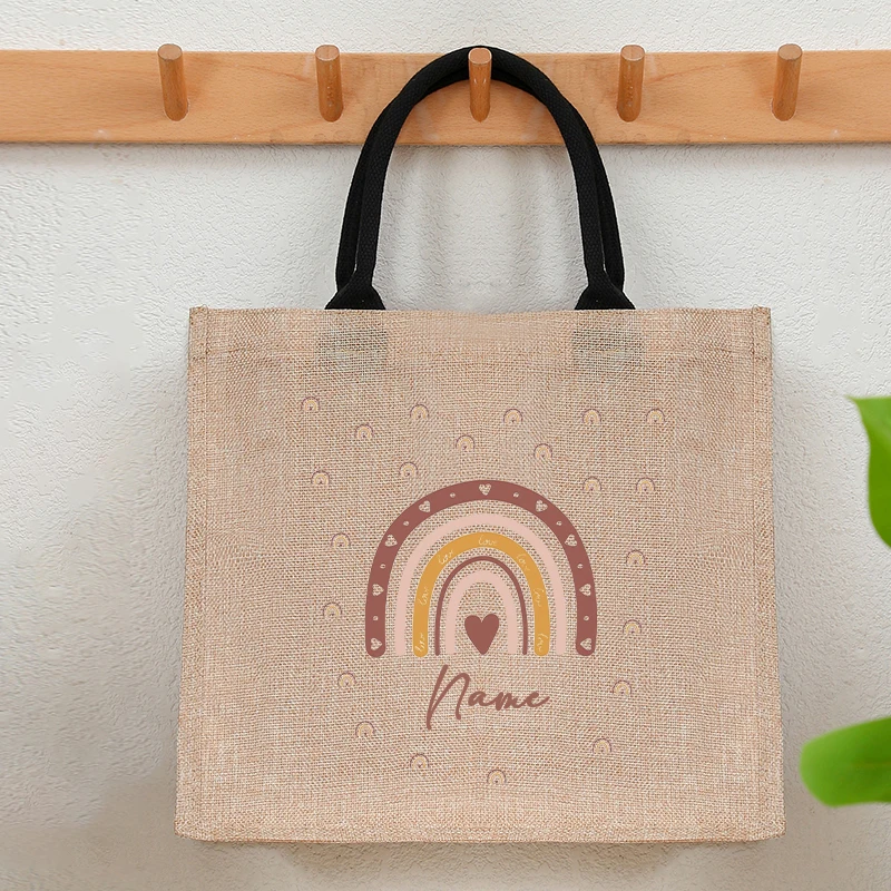 Customizable Name Mermaid Cute Rainbow Clouds Pastel Dinosaur Jute Tote with Hand Shopping Bag for Grils Childrens Friends Gifts 4