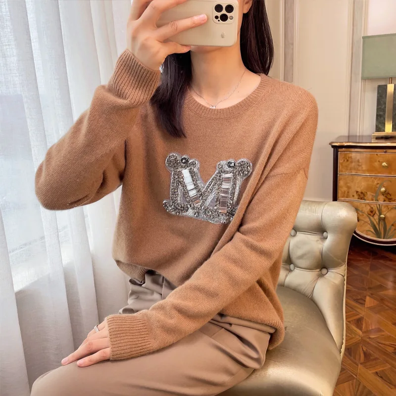 Cashmere Women\'s Sweater Warm Casual Autumn And Winter Loose Knitted Pullover Top Beading Luxury Letters Soft Knitwear F957