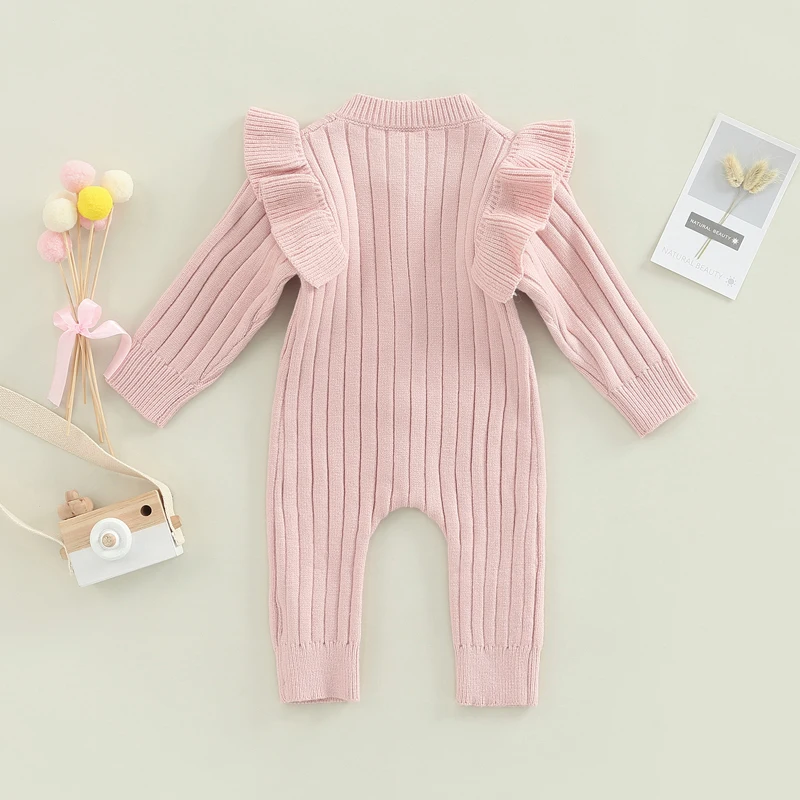 Winter Baby Girl’s Knitted Long Sleeve Sweater Jumpsuit Fashion Solid Color Round Neck Ruffles Button Warm Long Romper