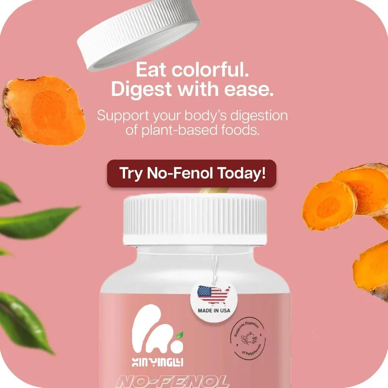 Polyphenolic digestive enzyme supplement and 60 capsules of fruit and vegetable fiber