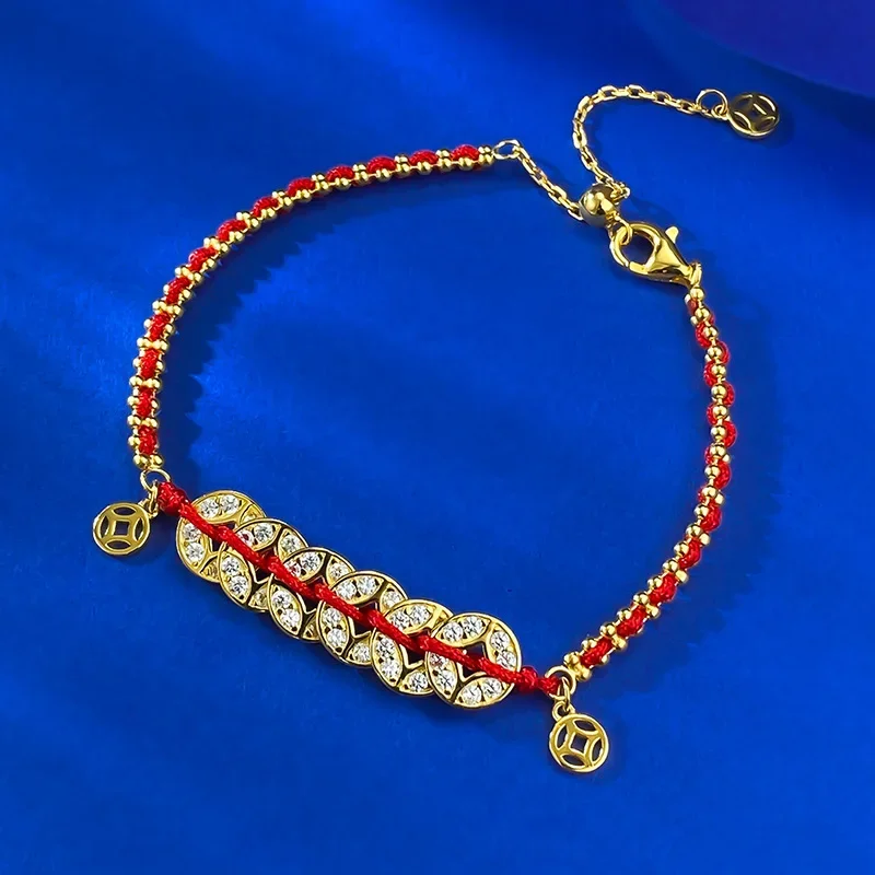 

Новый браслет из серебра S925 с пятью императорами и красной веревкой, новый браслет в китайском стиле, национальный тренд, ветер, деньги, больше браслета