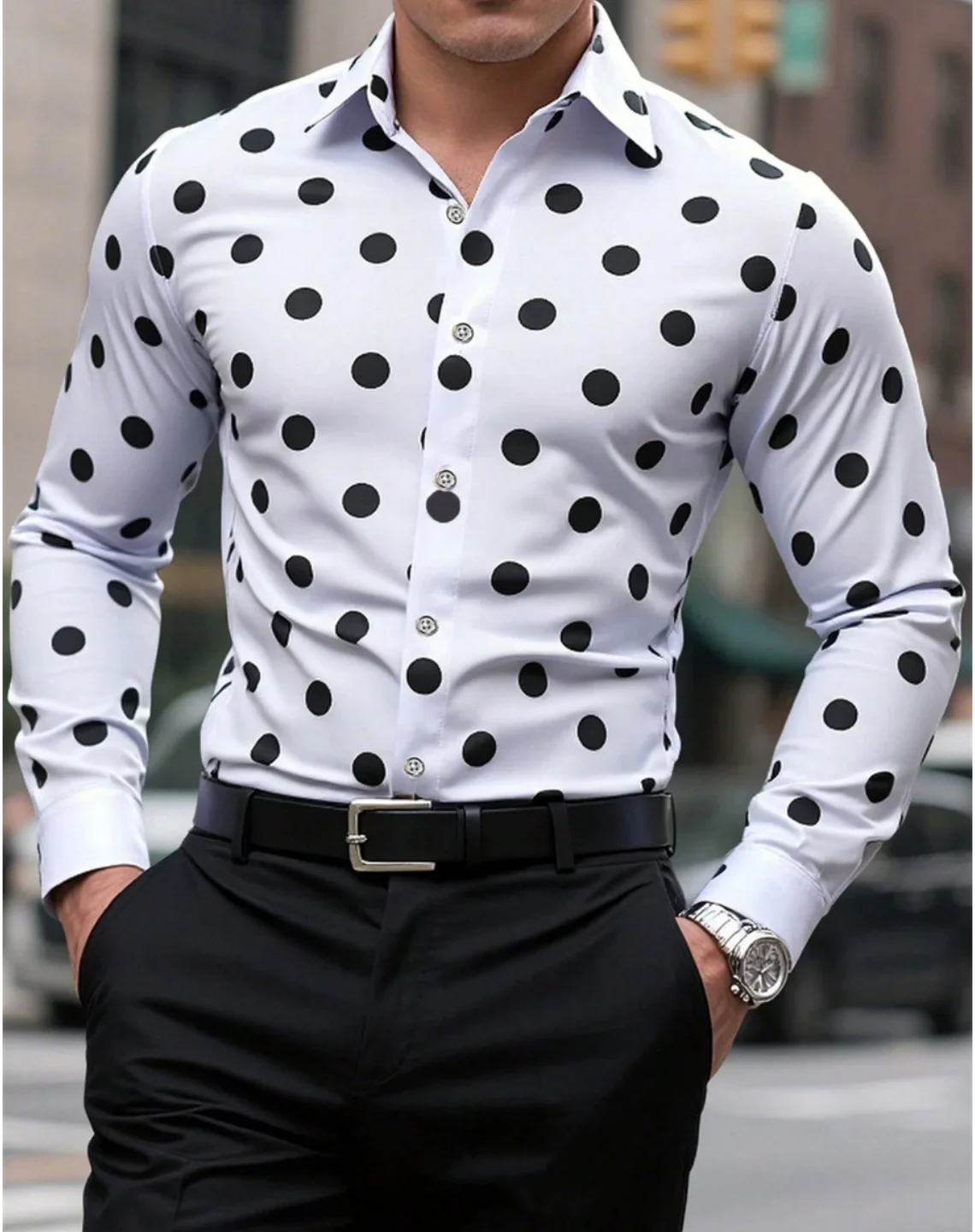 Men's Shirt Long Sleeve Shirt Spotted Lapel Button Casual Outdoor Breathable Comfortable Fashion Trend New Versatile Clothing