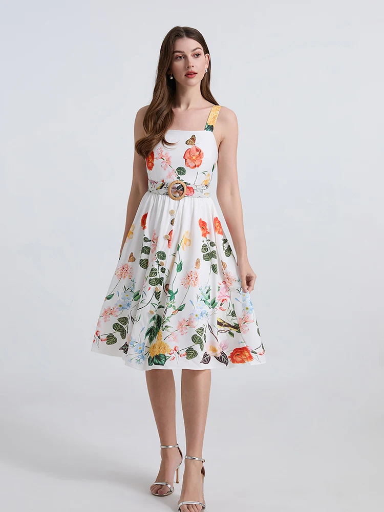 

Fashion Printed Slim Strap Dresses Spring Women Square Neck Sleeveless Beach Dress Summer High Waist Zipper Tank Mid Calf Dress