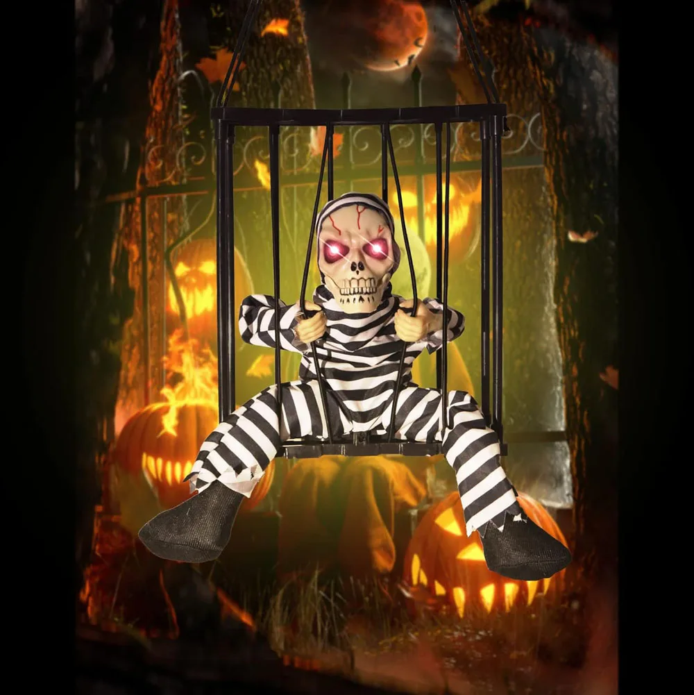 Halloween Scary Skeleton Prisoner Talking Let Me Out With Light Animatronic Prank Speaking Props Hangable Ghost Halloween Decor view 5