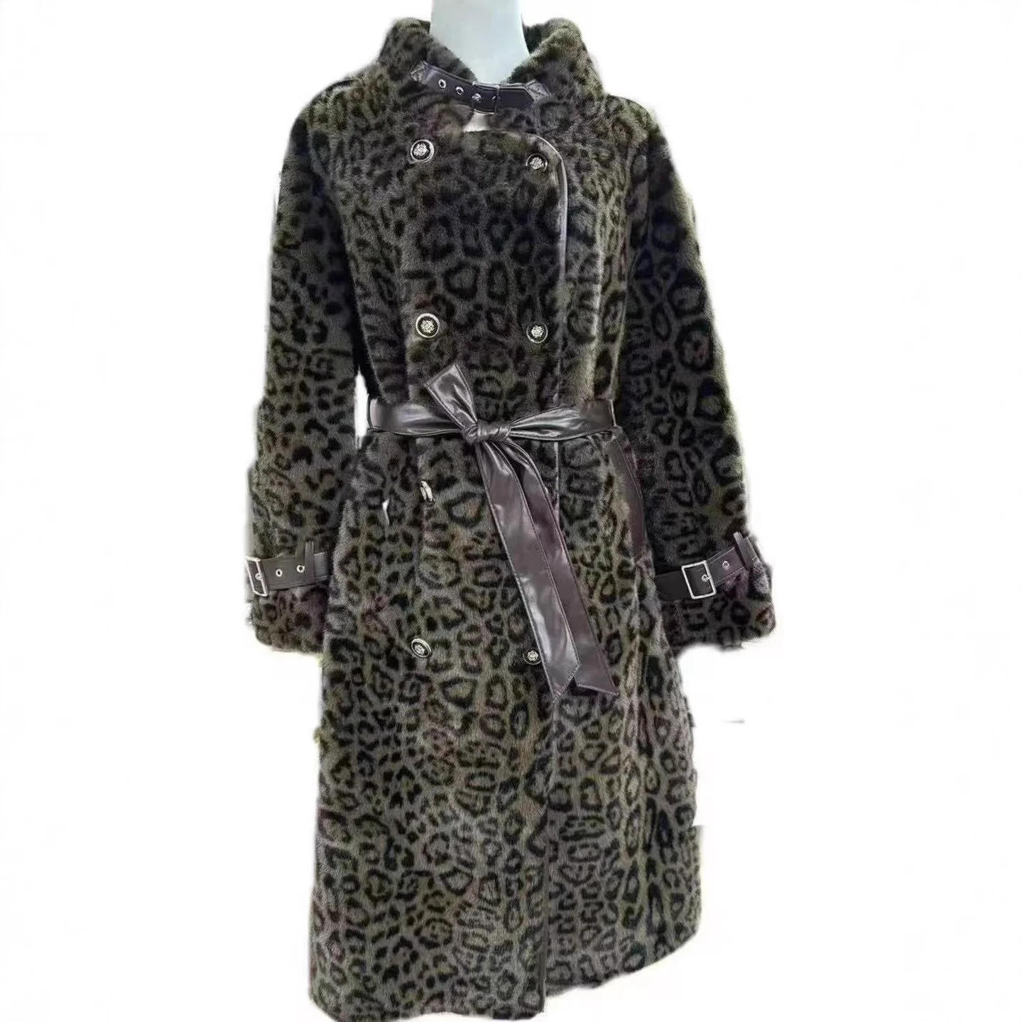 Mantel Bulu Mink Imitasi Wanita Jaket Bulu Sabuk Panjang Sedang Saku Kerah Tegak Kancing Dua Baris Lengan Panjang Tebal Musim Gugur Musim Dingin 2025