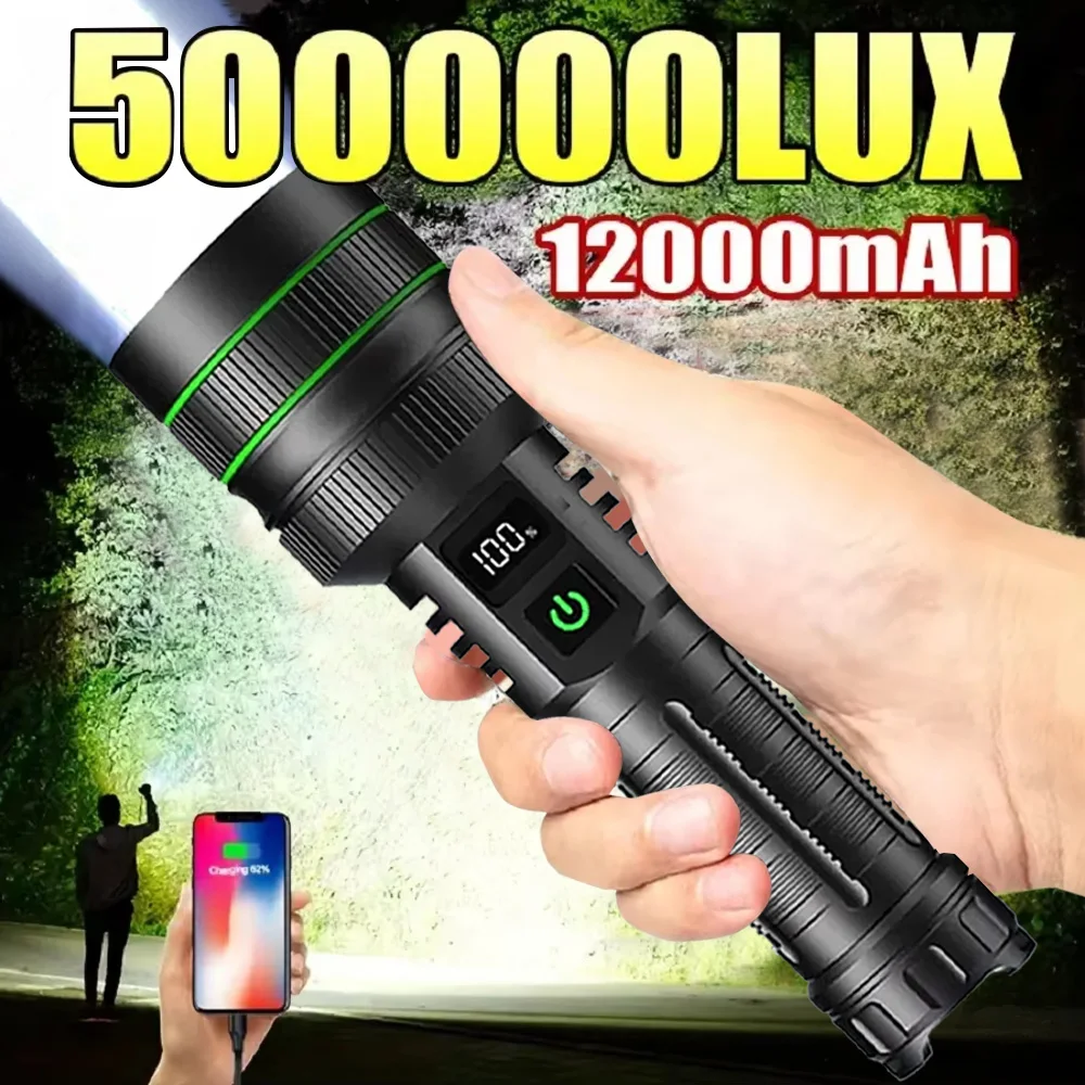 

LED Handheld Flashlight Ultra-Bright 50000000Lumens 12000mAh Rechargeable Battery Powerful Torch Zoomable Tactical Lantern