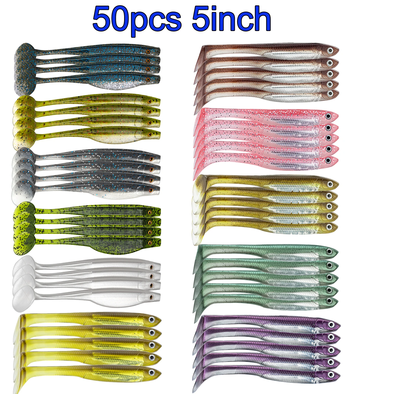 thkfish-50pcs-fishing-soft-lures-kit-128mm-5in-silicone-soft-swimbaits-3d-eyes-t-tail-wobblers-artificial-baits-for-bass-pike