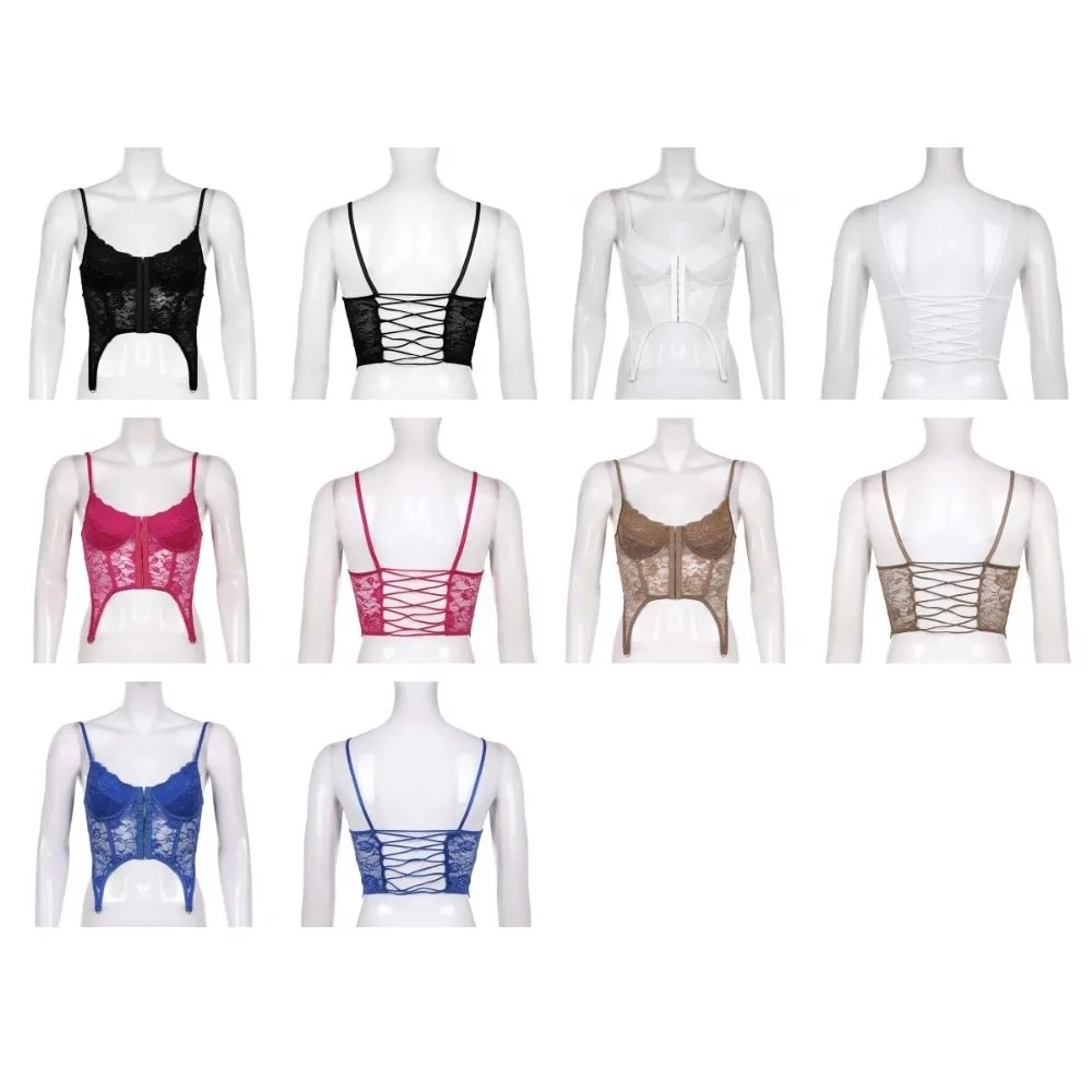 Koronkowa bluzka na ramiączkach w stylu Spicy Girl, ażurowa, transparentna, dopasowana, krótki top, streetwear, bez rękawów, koronkowy gorset damski.