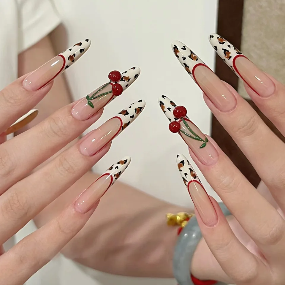 

24Pcs Long Stiletto Press on Nails Leopard print False Nails with Y2K 3D Cherry Full Cover Wearable Manicure Fake Nail Tips Art