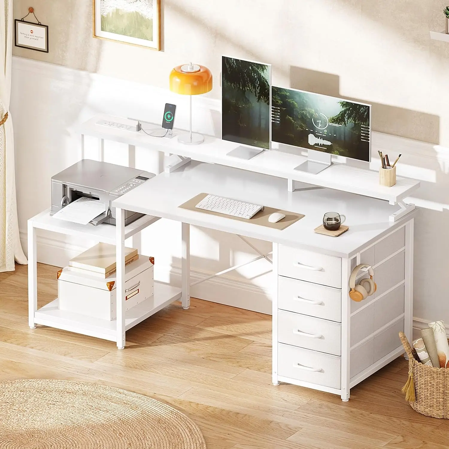 55 Inch Desk with 4 Drawers, Power Outlets, Printer Shelf & Storage, Study Table for Home Office Bedroom Gaming, White, Customiz