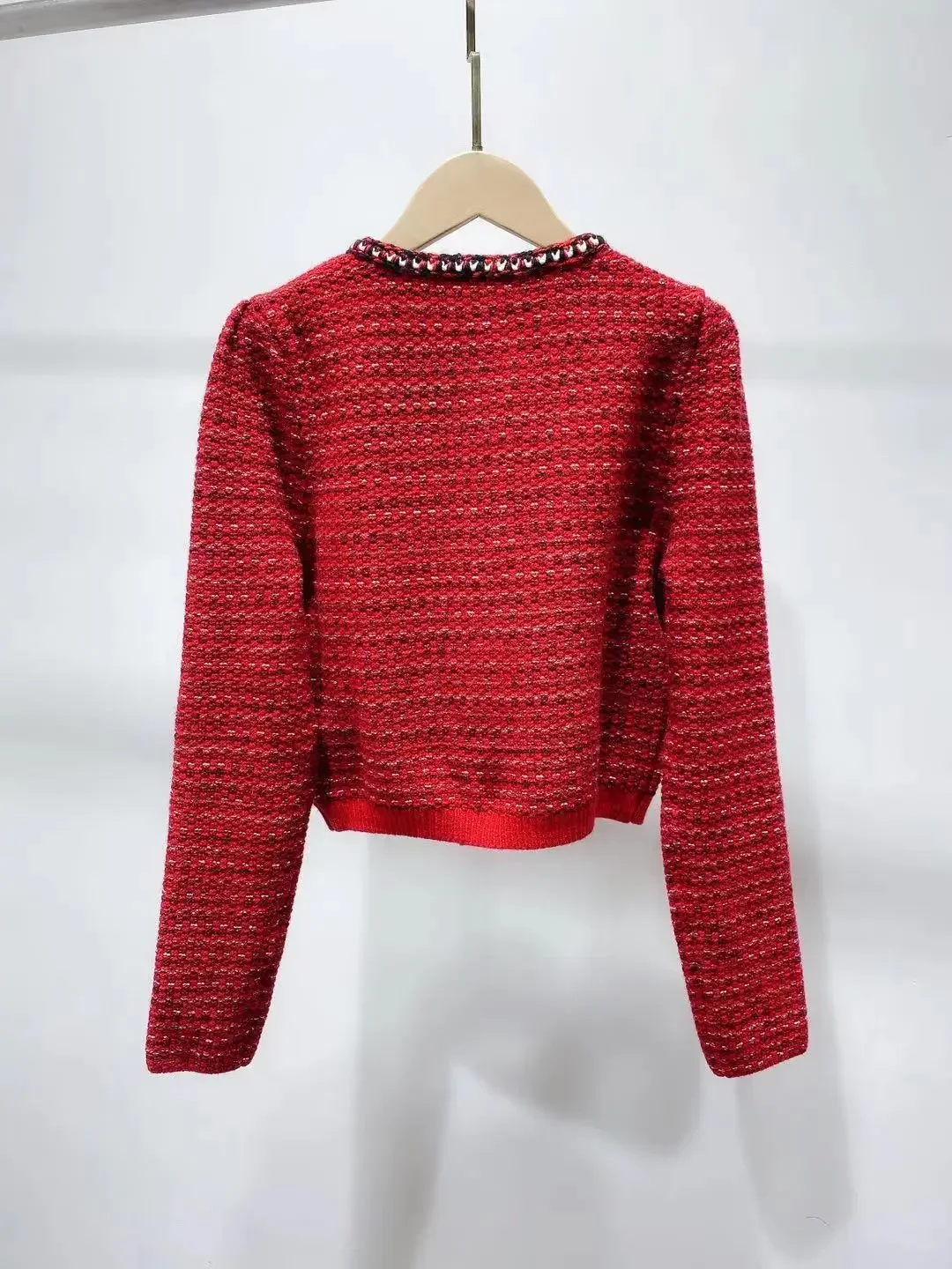 Elegant Lady Red Tweed Cardigan Sweaters Vintage V-neck Long Sleeve Sweaters Spring 2023 Casual Four Pocket Cardigan for Women