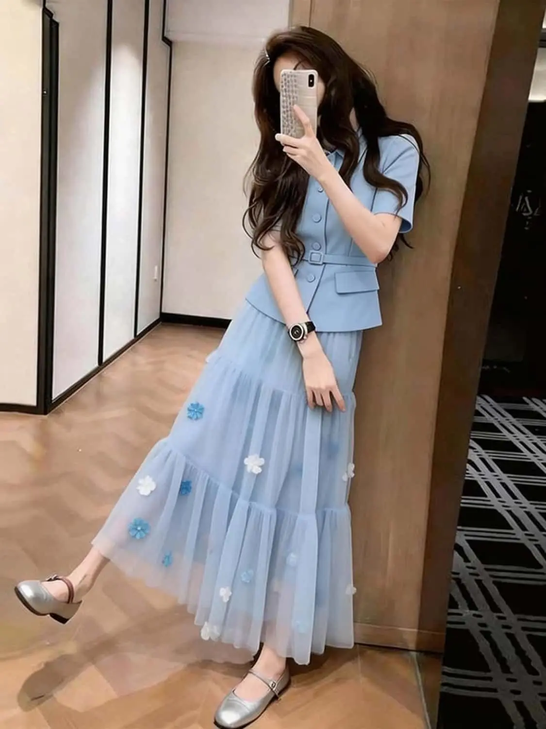New Summer French Women's Suit Fashion Lapel Short Sleeve Blazer Top + 3D Flower A-line Mesh Skirt Two Piece Set Elegnat