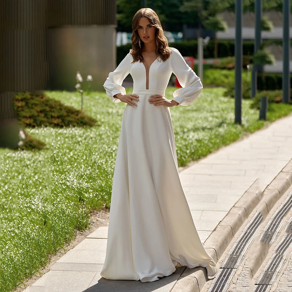 

Elegant Wedding Dresses Sexy Backless Long Sleeve A-line Sweetheart فستان الزفاف Bride Gown Solid Color vestidos de novia