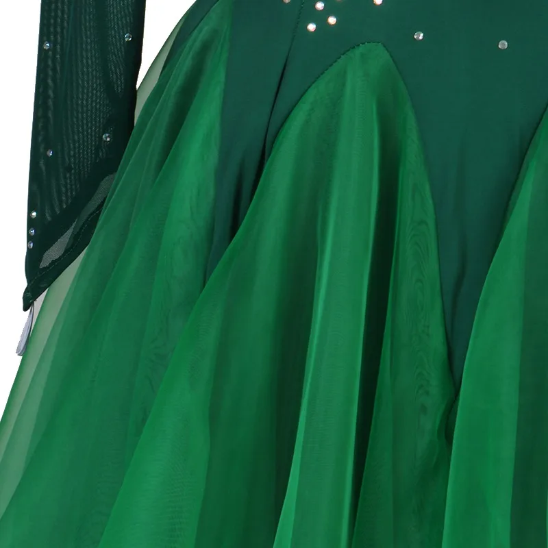 2024 New Green Color Dress Lace Sleeve Women\'s Modern Clothing Tango Waltz Dance Long Dress Elegant Party Competition Costume