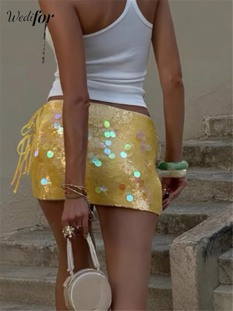 Wedifor New Fashion Sequins Mini Skirts Glitter High Waist Lace Up Slim Skirt Sexy Nightclub Party Female Clothes Dropshipping