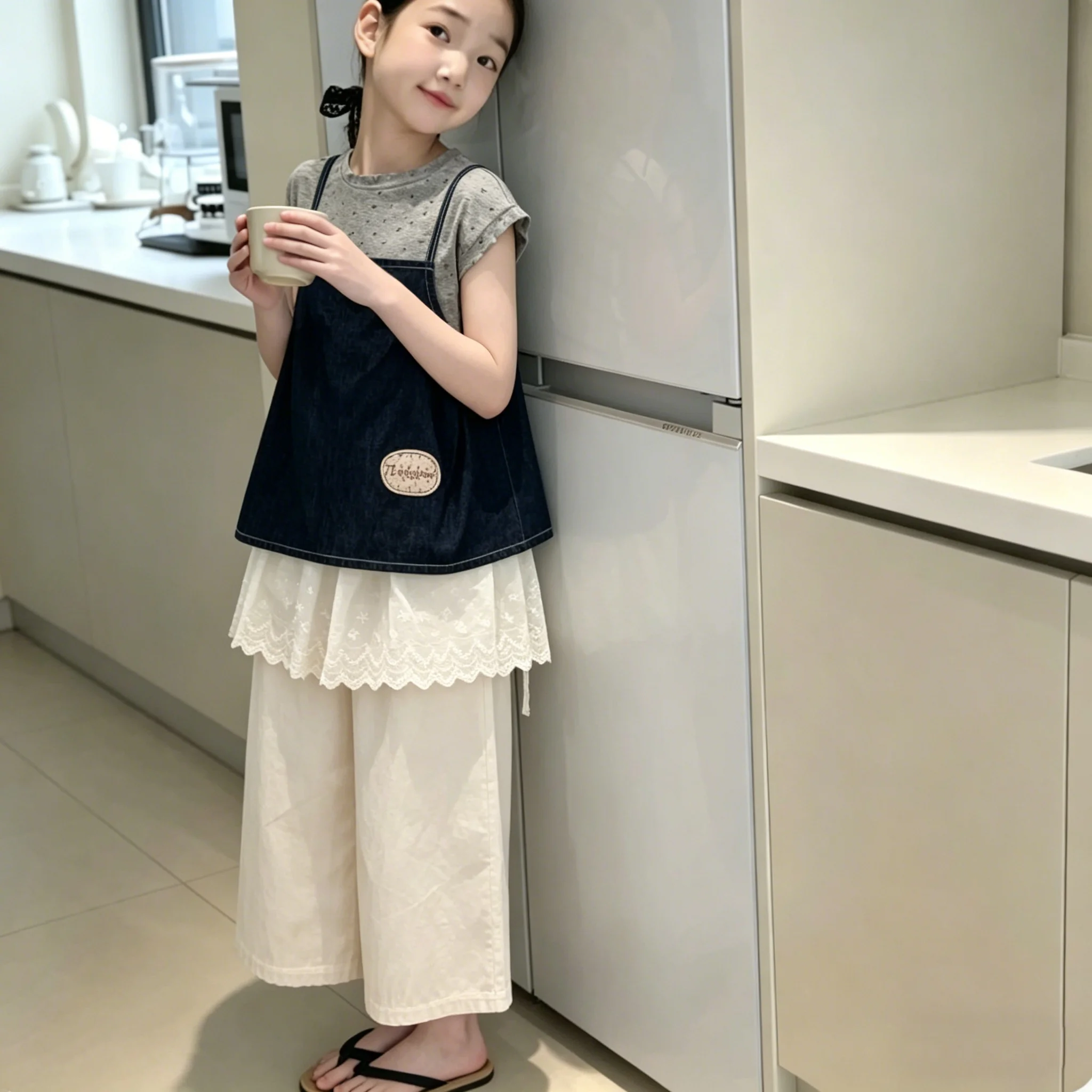 

Girls Summer Outfit Set Casual Straight Leg Pants Vintage Vest Top Children's Clothing Retro Strapless Top Kids' Fashion