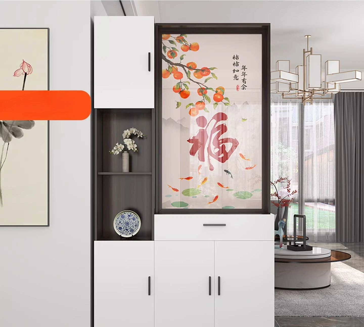 High-end screen partition shelves into the living room solid wood facing the door, modern and simple entrance cabinet integrated