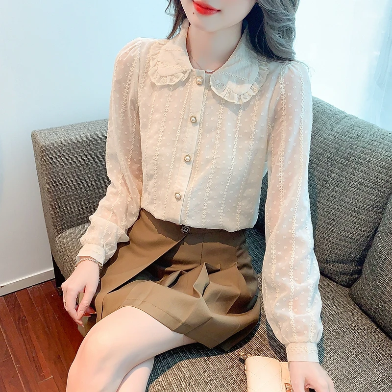 

Korean Style Cute Peter-Pan Neck Lace Chiffon Shirts Blouses Spring Autumn Long Sleeve Beige Top Women French Elegant Clothes