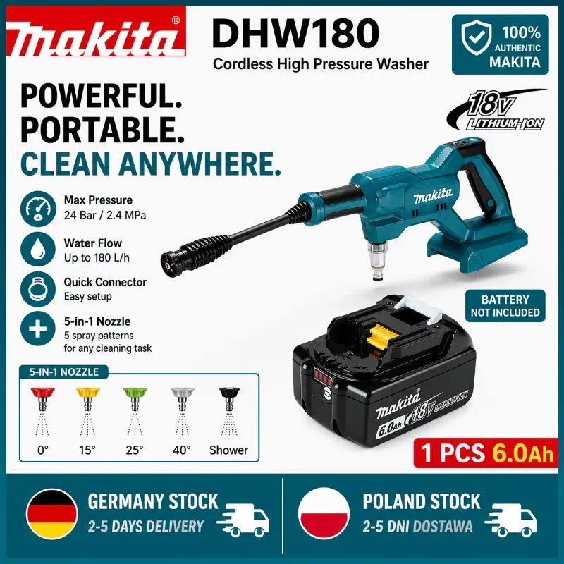 Original Makita DHW180 18V Akku-Hochdruckreiniger, tragbarer Hochdruck-Wasserstrahlpistolen-Autowäscher für Garten, Terrasse, Boden und Fensterreinigung, kompatibel mit Makita LXT Akku, EU-Lieferung