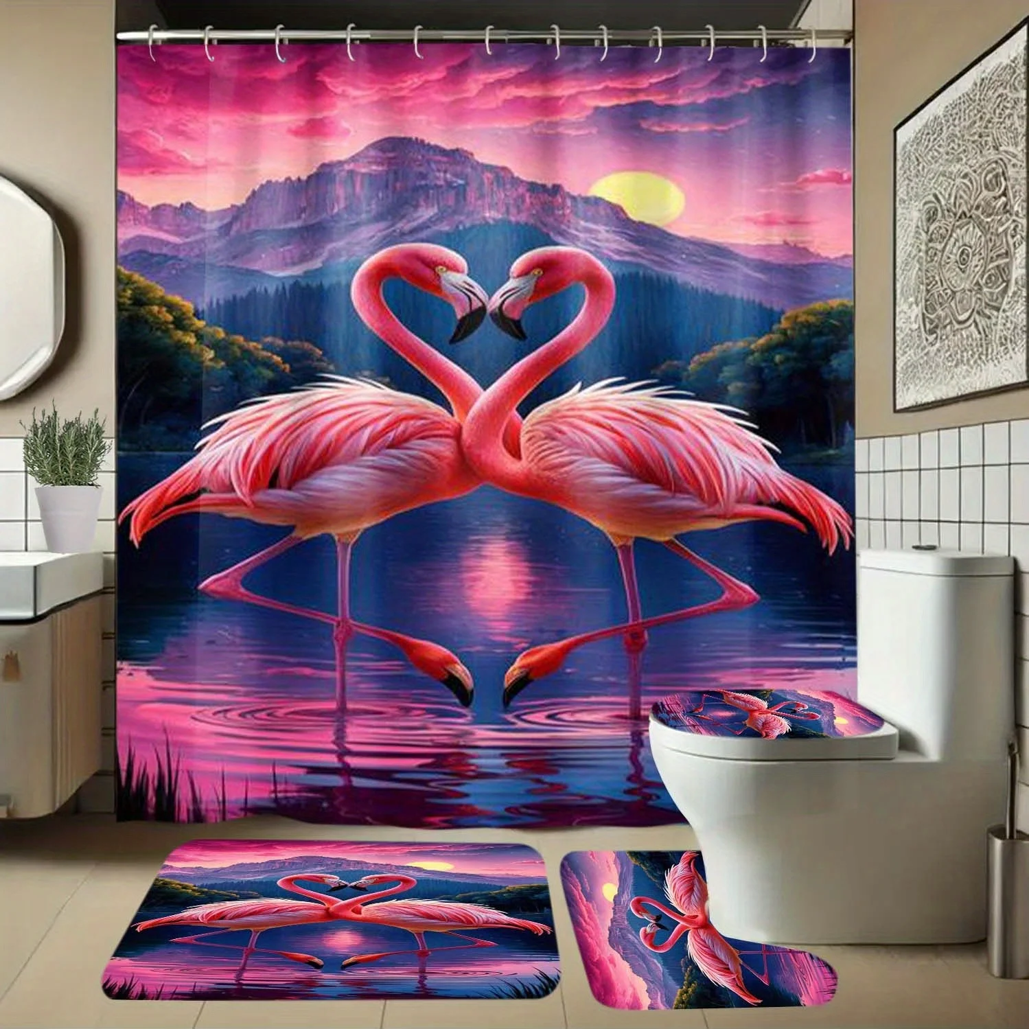4pcs Flamingo & Lake Sunset Shower Curtain Set - Vibrant Pink Flamingos, Serene Lake & Mountain Landscape, Machine Washable