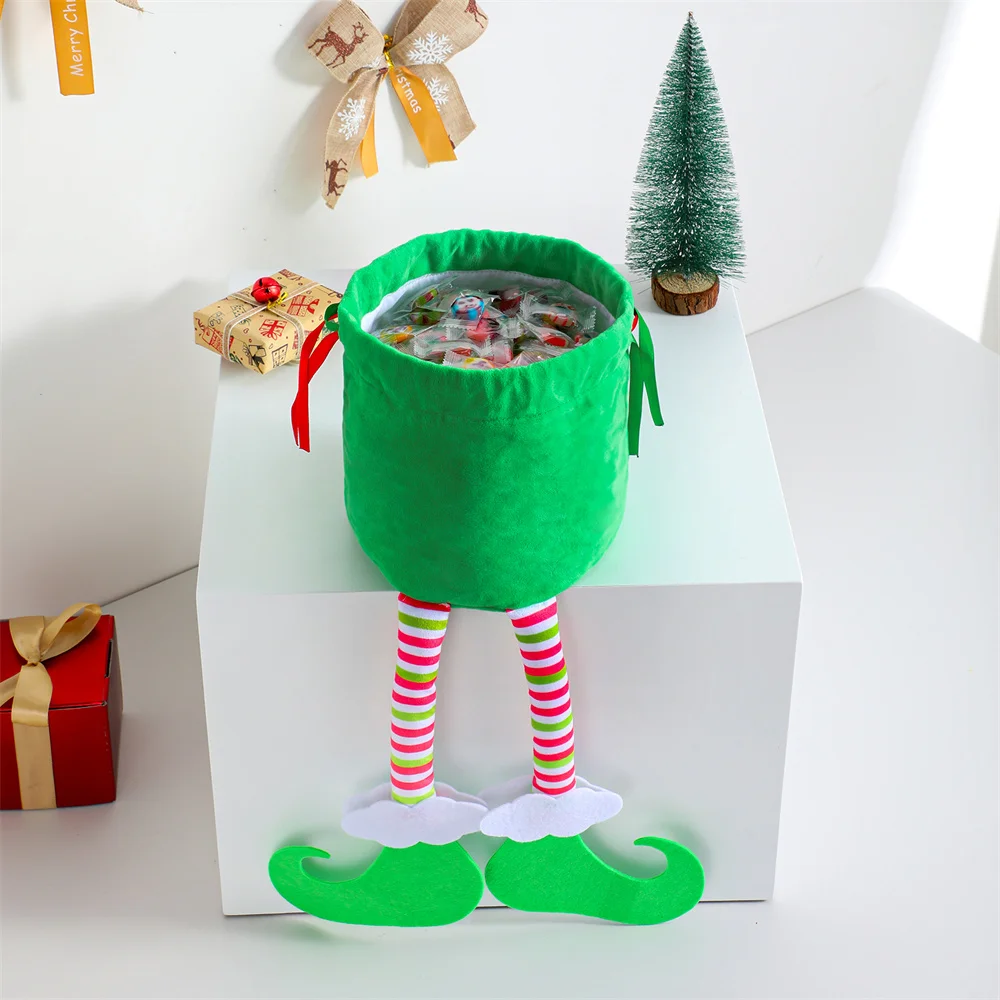 Elf Christmas Santa Sack For Kids Green Soft Plush Gift Candy Bag Ribbon Drawstring Xmas Present Storage