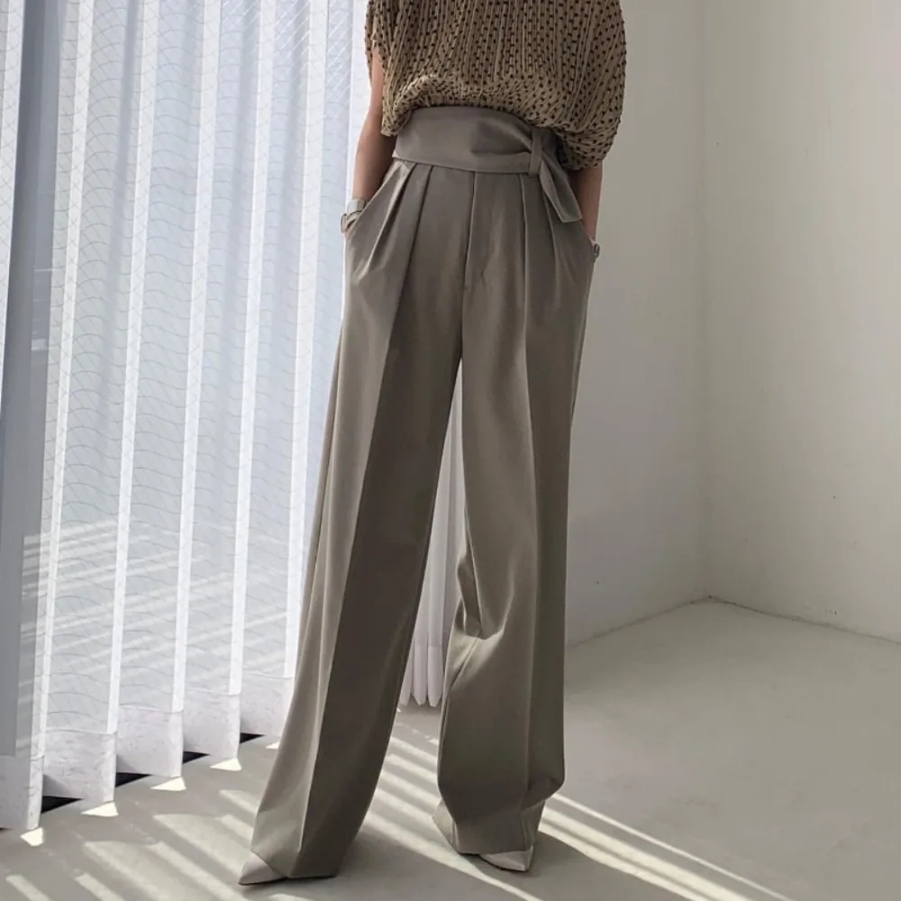 Kuzuwata Straight All-match Loose Elegant Commuter Pants High Waist Belt Ruched Minority Trousers Japanese Moda Vintage Capris