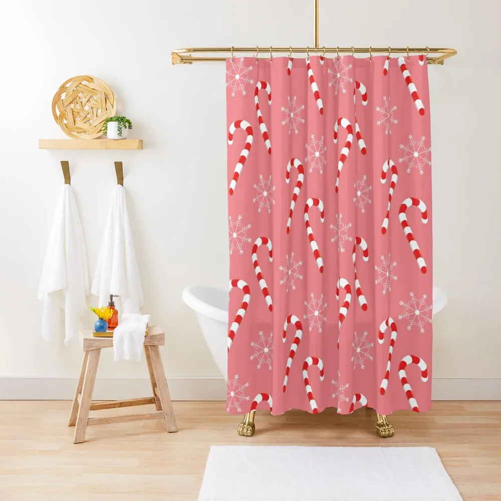 

Candy Canes and Snowflakes Pink Christmas Pattern Shower Curtain Shower Set For Bathroom Shower Curtain