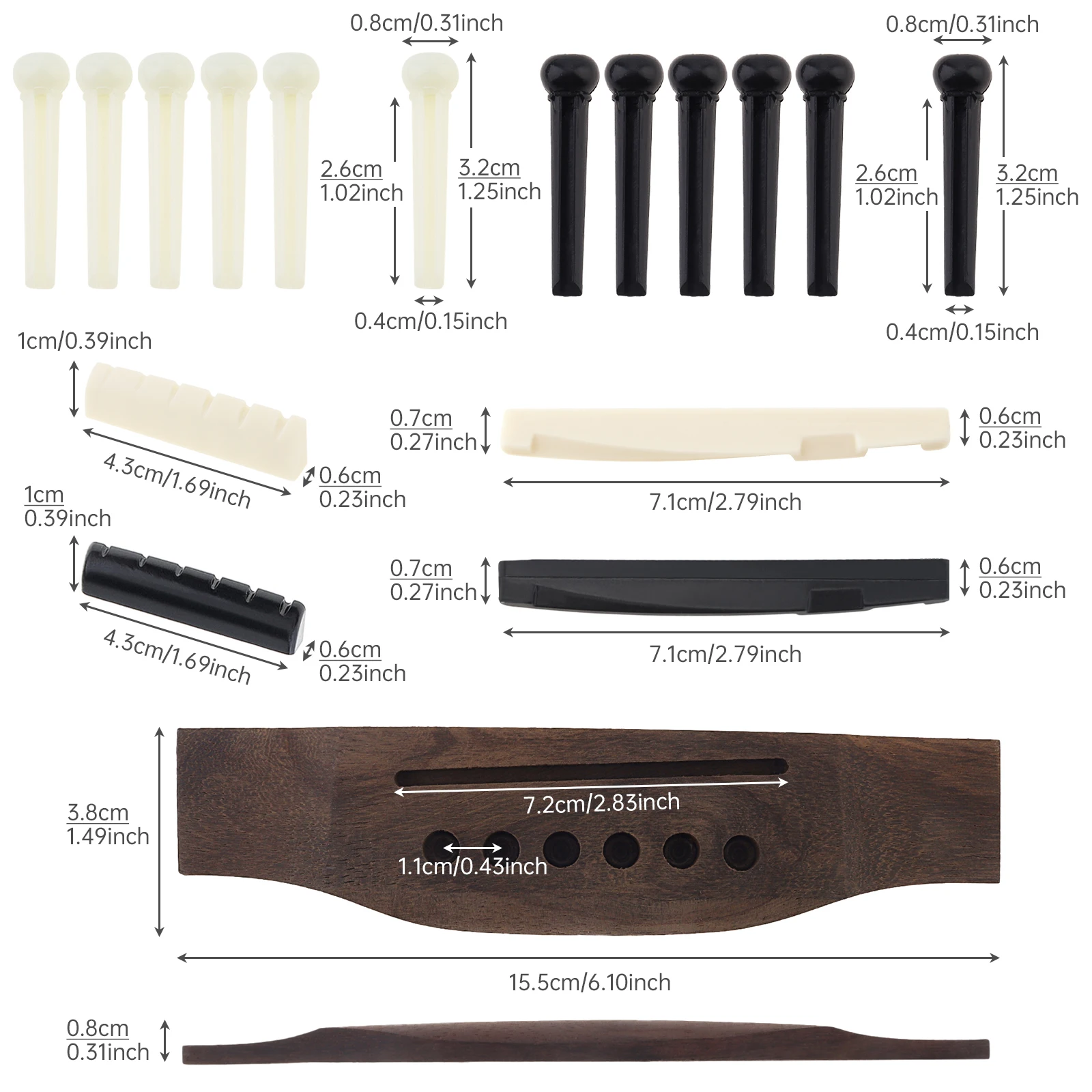 17 pcs 6 String Acoustic Guitar Rosewood Bridge & Plastic Saddle Nut Pins Set for Guitar Repair with Pins Kit,Bridge Replacement