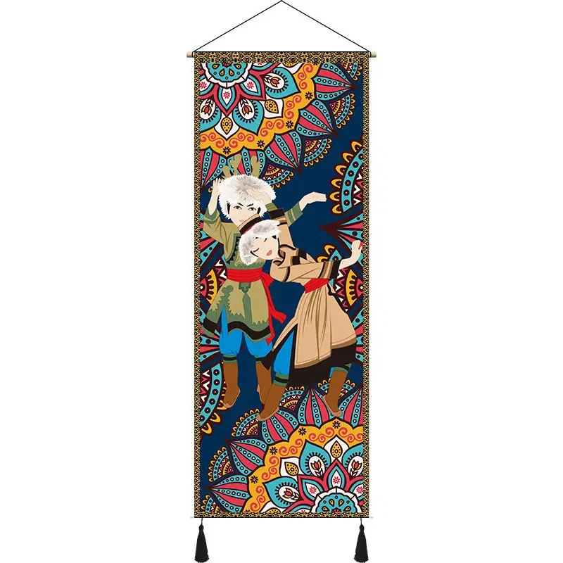 VIKAMA Ethnic Drum Dance Wall Scroll Tapestry Folk Mandala Tassel Polyester Wall Hanging Bedroom Living Room Home Decor