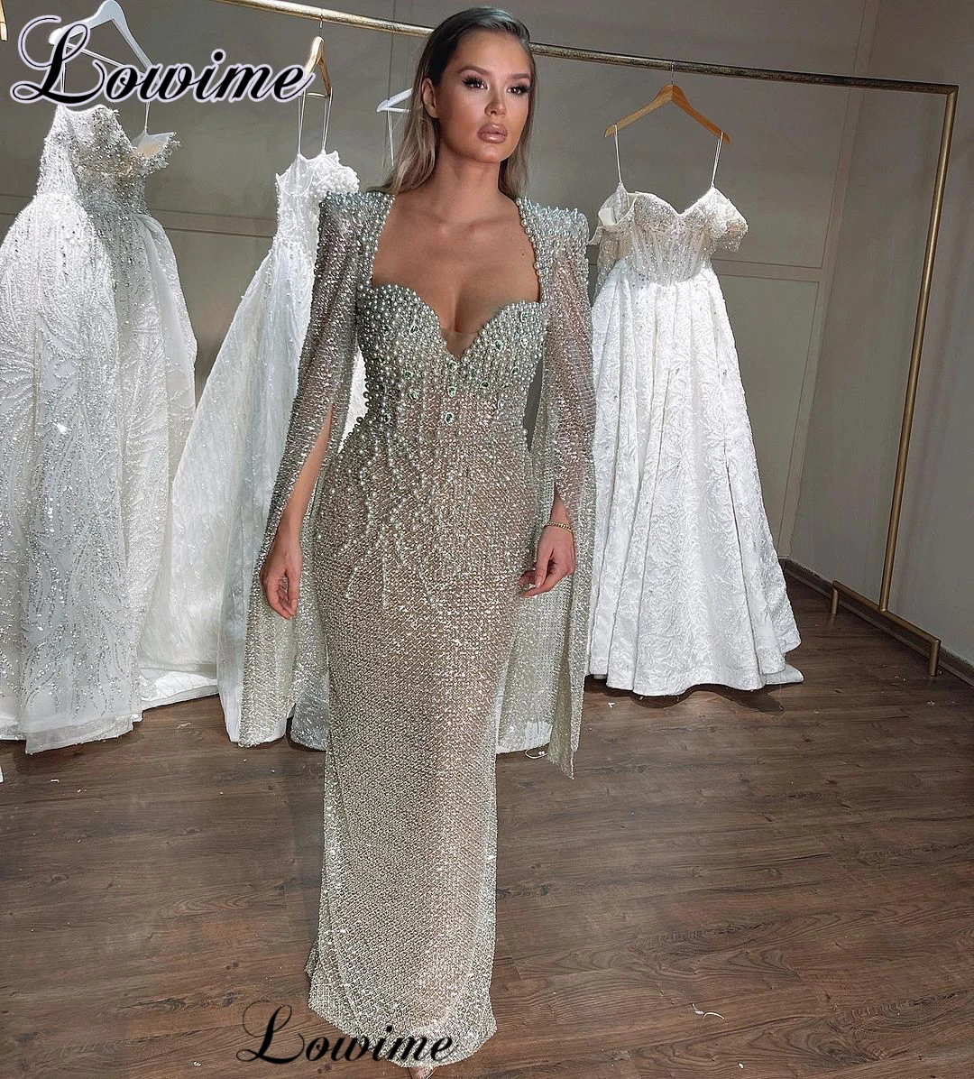 2023 New Fashion Pearls Evening Dresses Mermaid Long Sleeves Celebrity Dresses Wedding Guests Dresses Robes De Soirée Custom