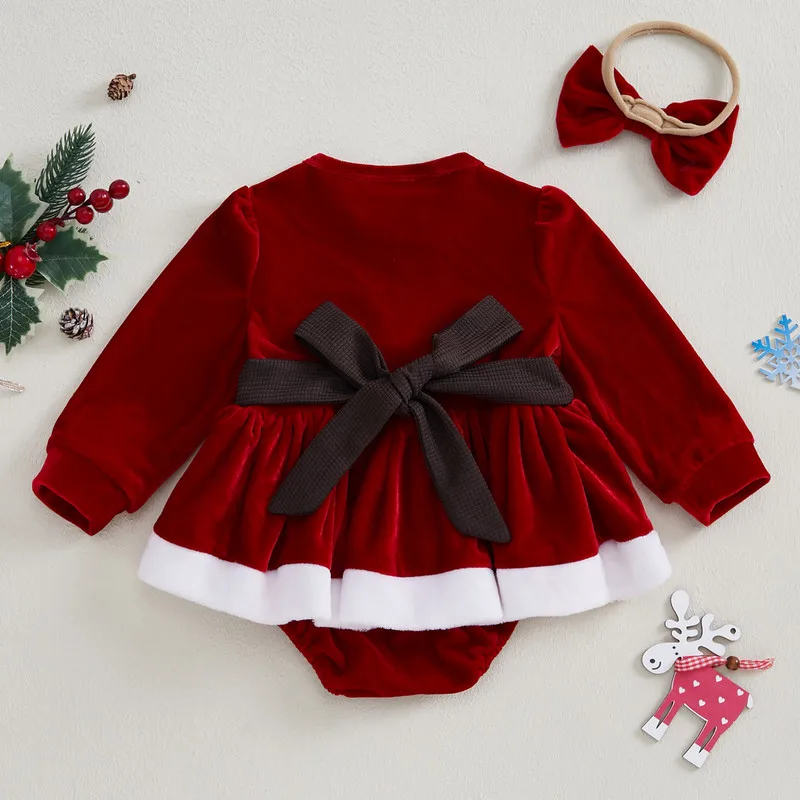 RUEWEY Baby Girl Velvet Bodysuit Autumn Clothes Terry Trim 3D Bow Long Sleeve Jumpsuit Headband Adorable Outfits Baby Clothing