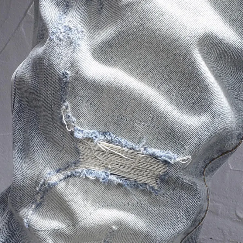 Street Designer Fashion Men Jeans Retro Light Blue Stretch Slim Fit Ripped Jeans Men Y2K Patched Vintage Denim Pants Hombre