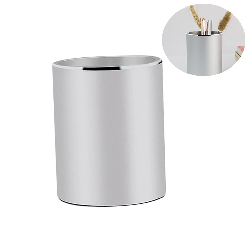 

Aluminium Alloy Pen Holder Round Brush Pot Pencil Container Desktop Stationery Organizer for Home Office School (Silver)