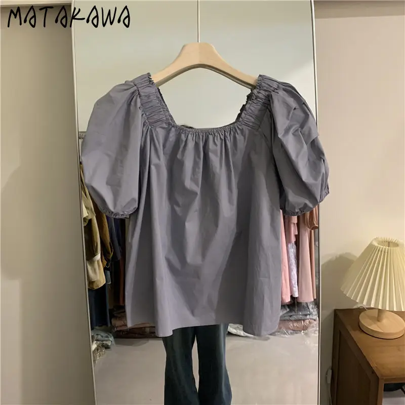 

Matakawa Short Blouses Puff Sleeve Square Neck Solid Spring Summer Women Shirts Sweet Korean Fashion Chic Elegant Blusas Mujer