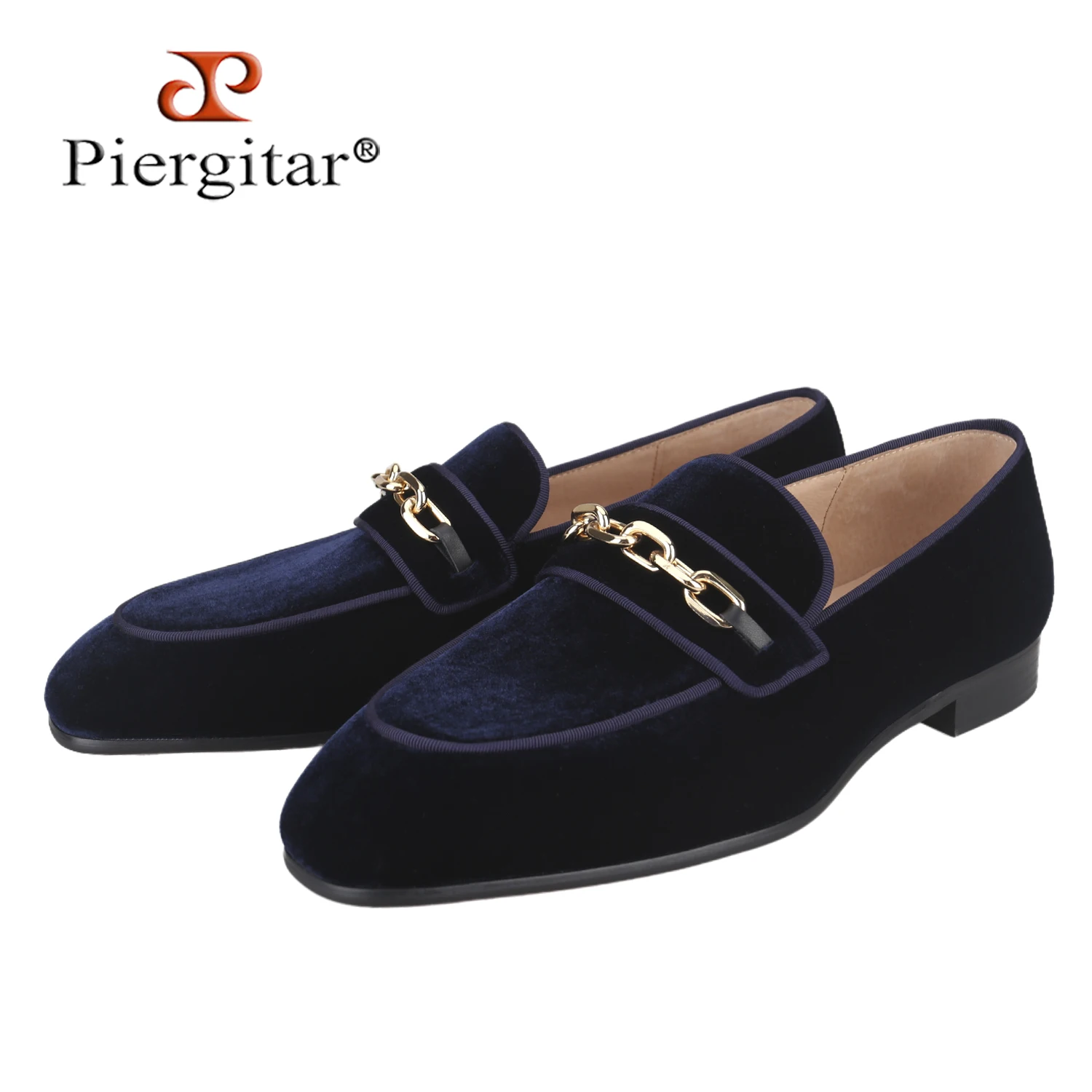 Piergitar British Gentleman Style Luxurious Black And Navy Velvet Slip-On Loafers With Metal Chain Buckles Handmade Men Moccasin