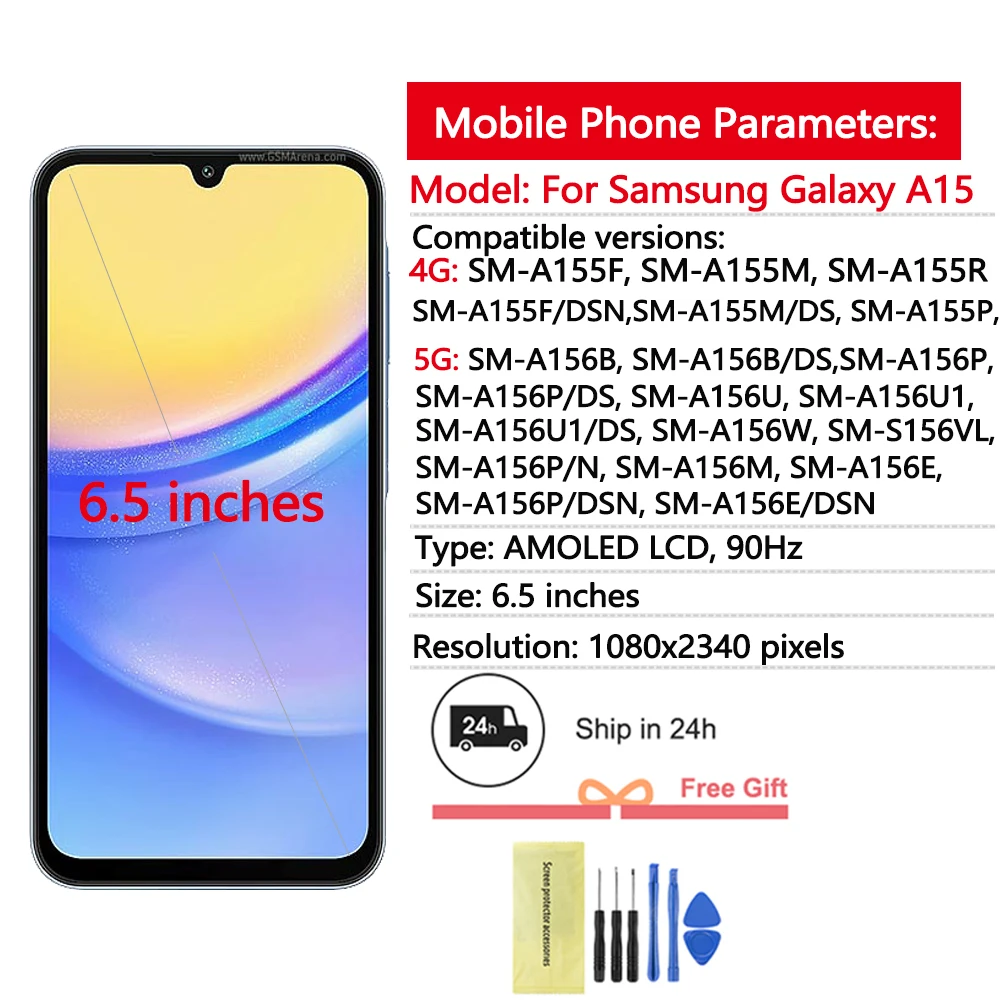 AMOLED A15 LCD For Samsung Galaxy A15 4G/5G LCD Display Touch Screen Digitizer Assembly Replacement For Samsung A155F A156B LCD