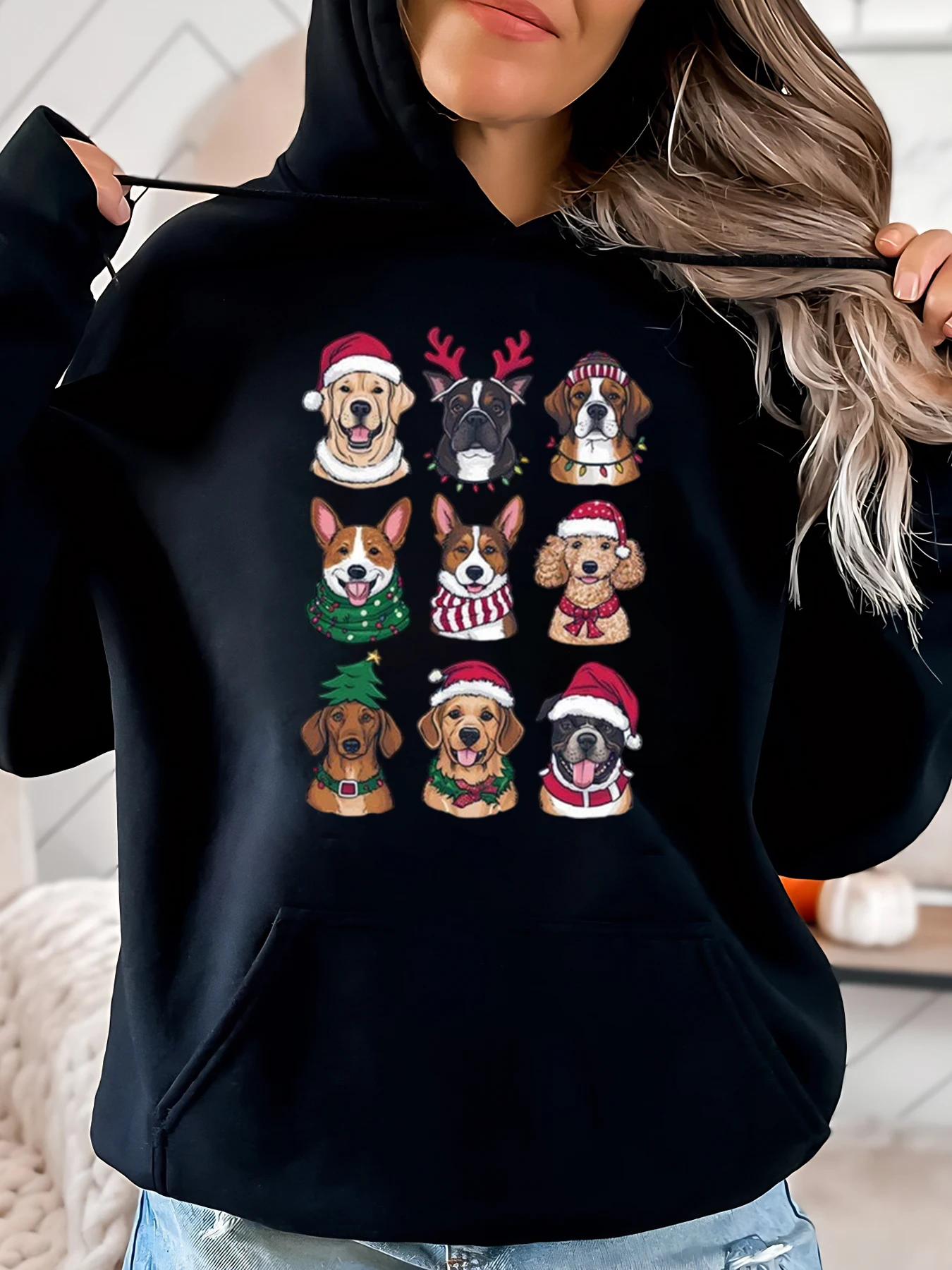 Sweat à capuche imprimé chiens de noël, tenue décontractée pour femmes, noir, grande taille