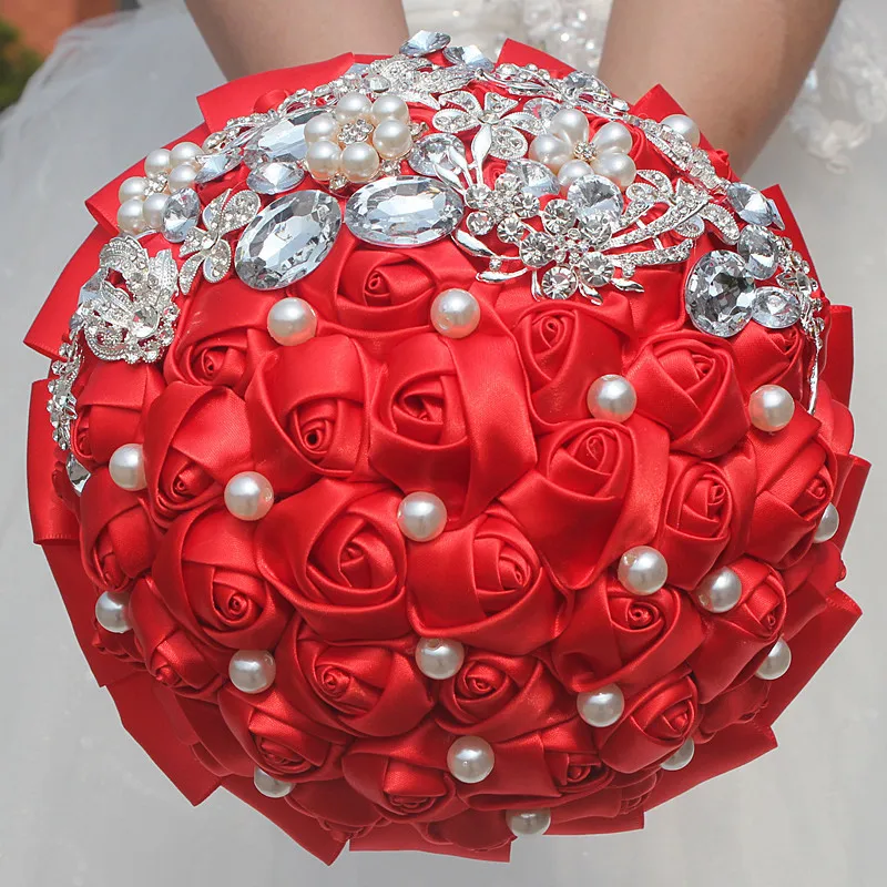 Ramo de boda rojo para novia y dama de honor, flor de sujeción de perlas de diamantes de imitación dorados, decoración de fiesta de boda, venta al por mayor, gran oferta