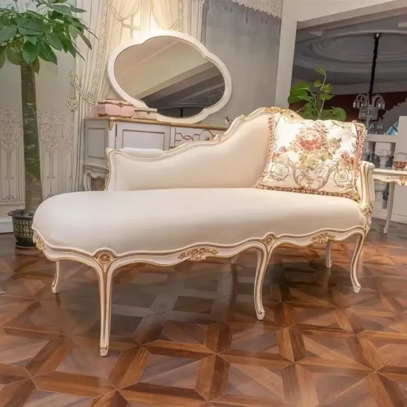 

A38 French solid wood gold painting elegant white carved fabric princess chair European style living room bedroom leisure