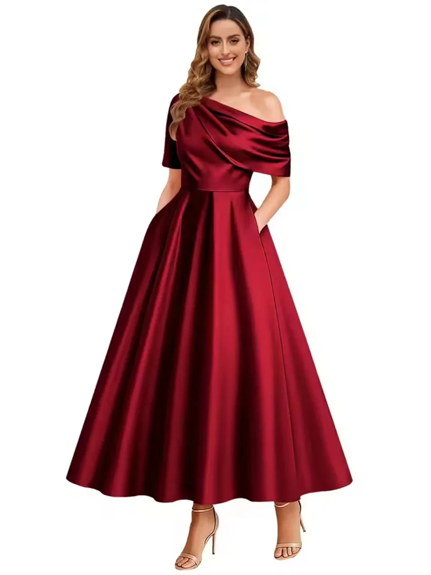 Satin A-line Tea Length  Formal Evening Dress One Shoulder Party Prom Gowns Elegant Mother of the Bride Groom Dress Customized