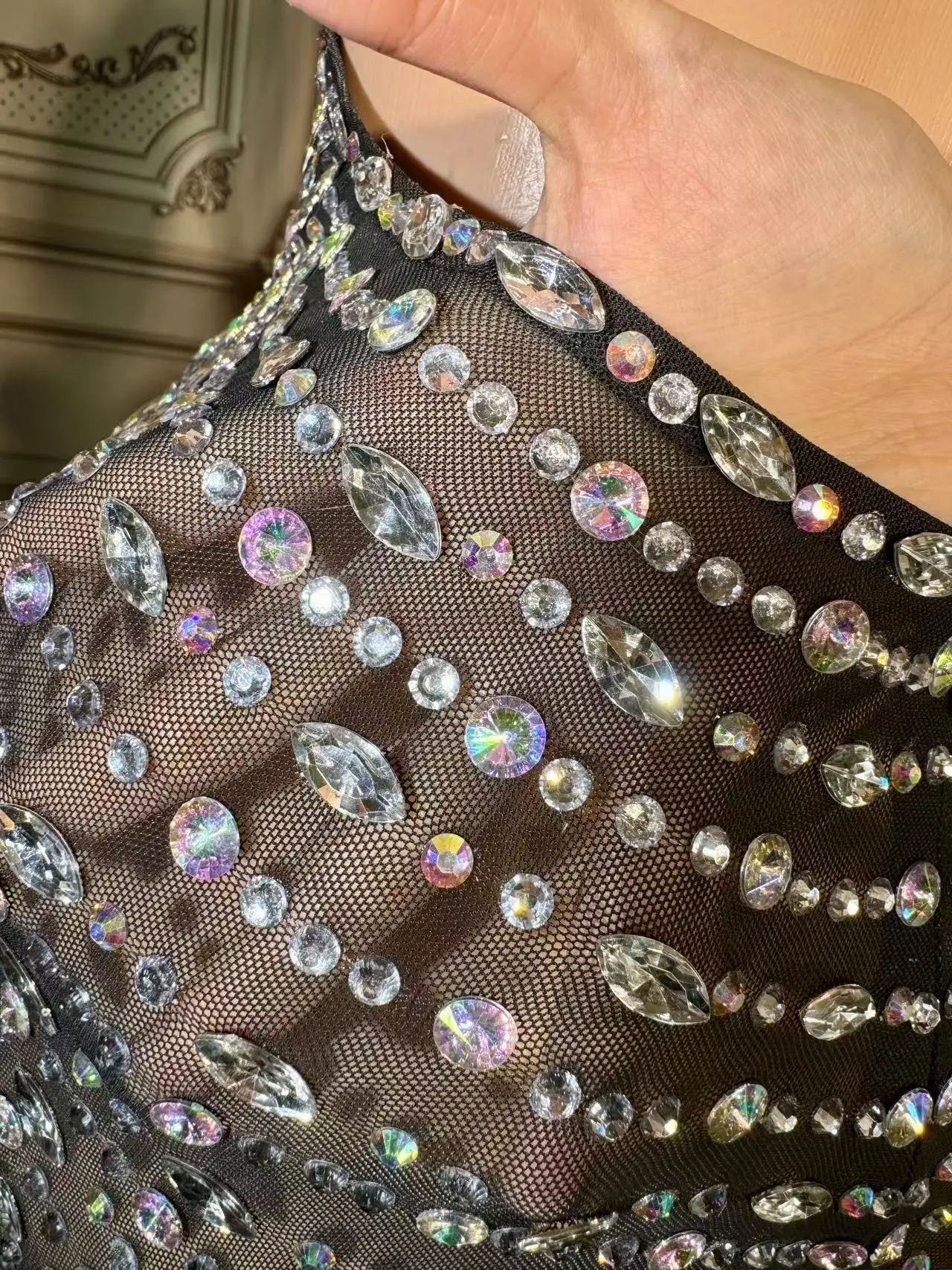 Fashion Design Crystals Transparent Dress Evening Celebrate See Through Mesh Birthday Celebrate Performance Costume